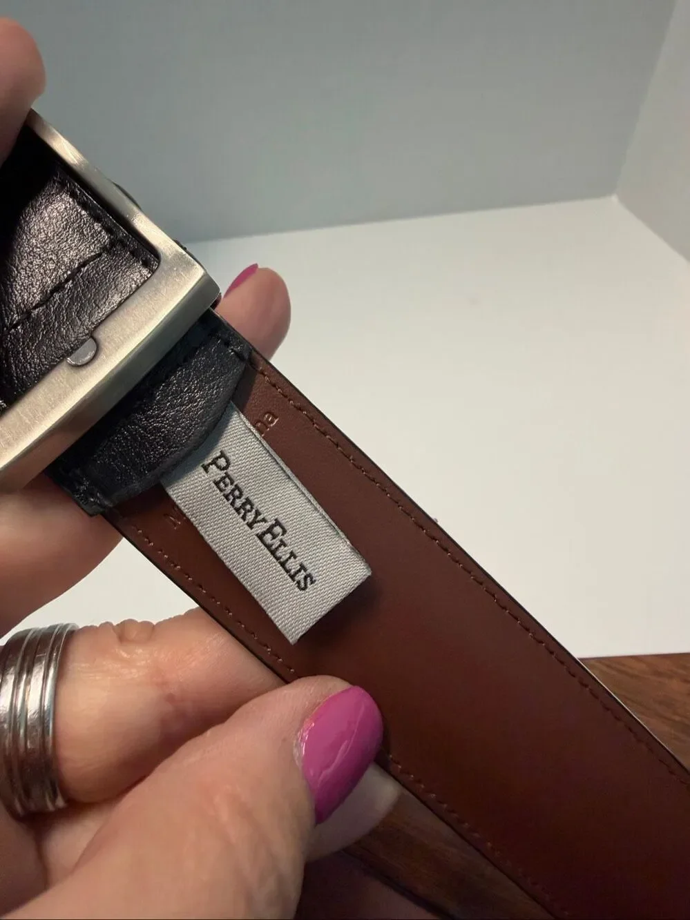 Perry Ellis Black Leather Belt Mens Size 46